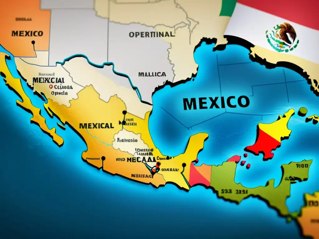 Mapa de rutas comerciales: Impacto de precios de transferencia en México Mapa global con rutas comerciales resaltadas desde México, símbolos financieros y legales representando regulaciones mexicanas precios transferencia