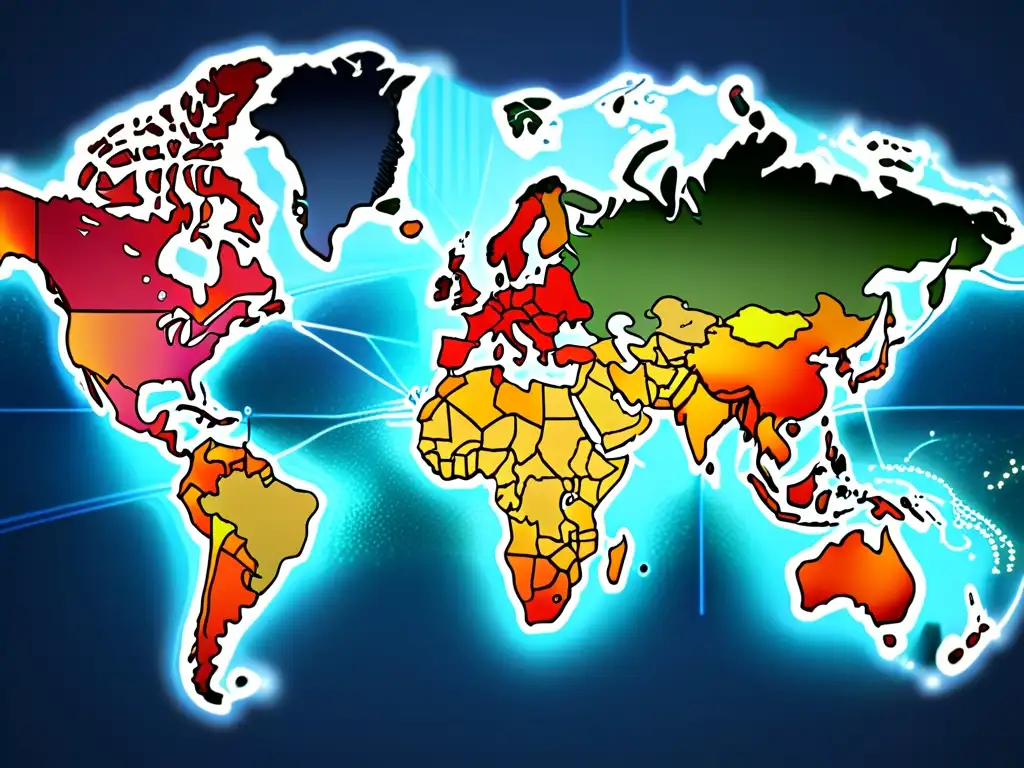 Mapa global de rutas comerciales y centros financieros Mapa global de rutas comerciales y centros financieros, reflejando la complejidad del comercio internacional