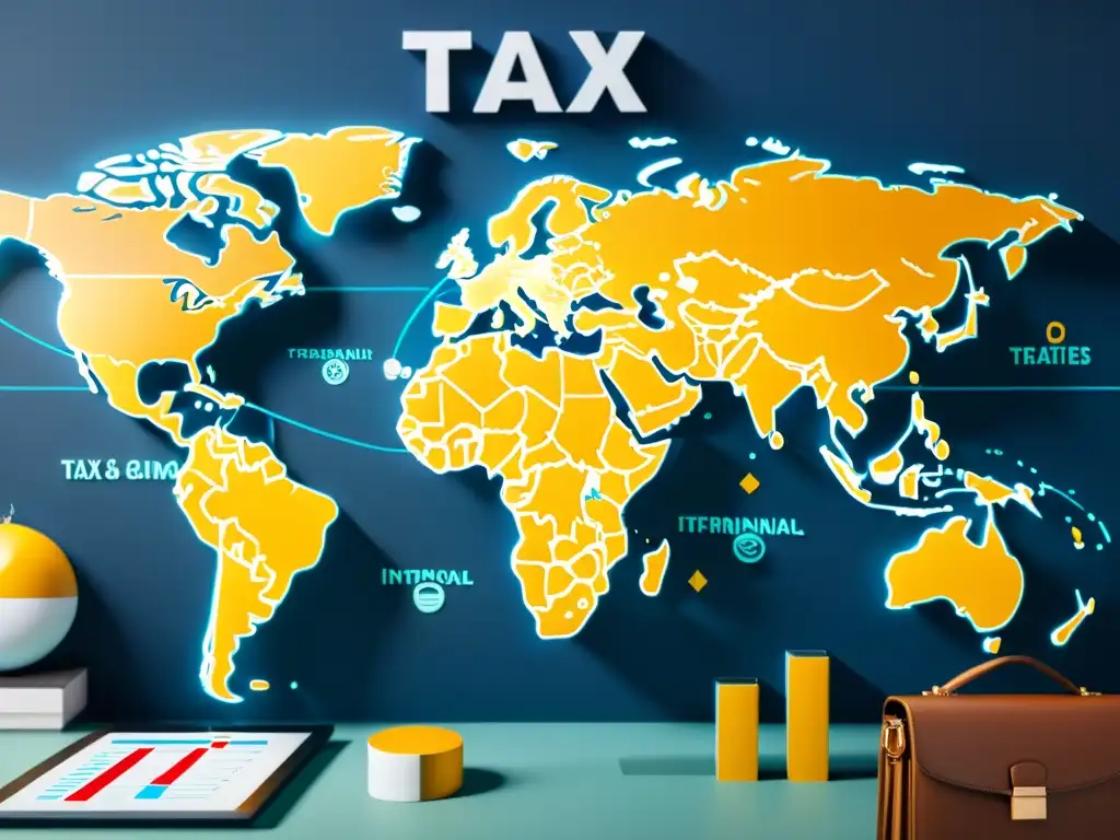Mapa global de tratados fiscales y estrategias de minimización de impuestos Mapa mundial detallado con tratados fiscales, gráficos financieros y símbolos de monedas, para técnicas de minimizar doble imposición fiscal