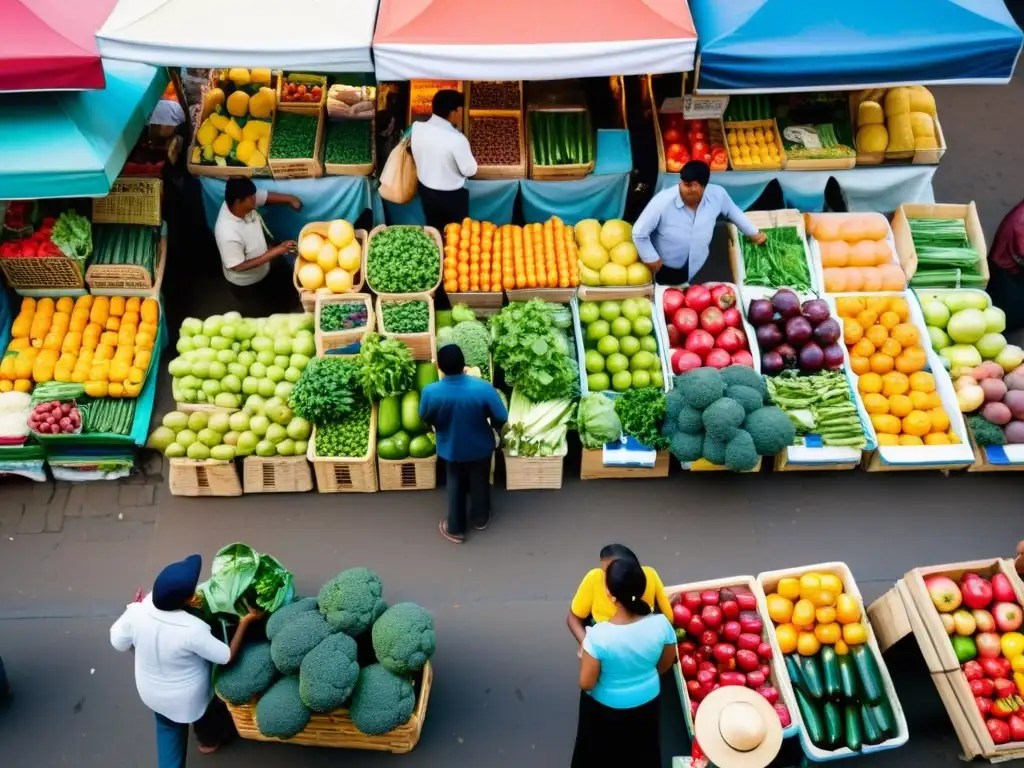 Mercado bullicioso: diversidad de productos y clientes en acción Un mercado bullicioso y colorido donde se venden frutas, verduras y otros productos esenciales, con clientes haggle