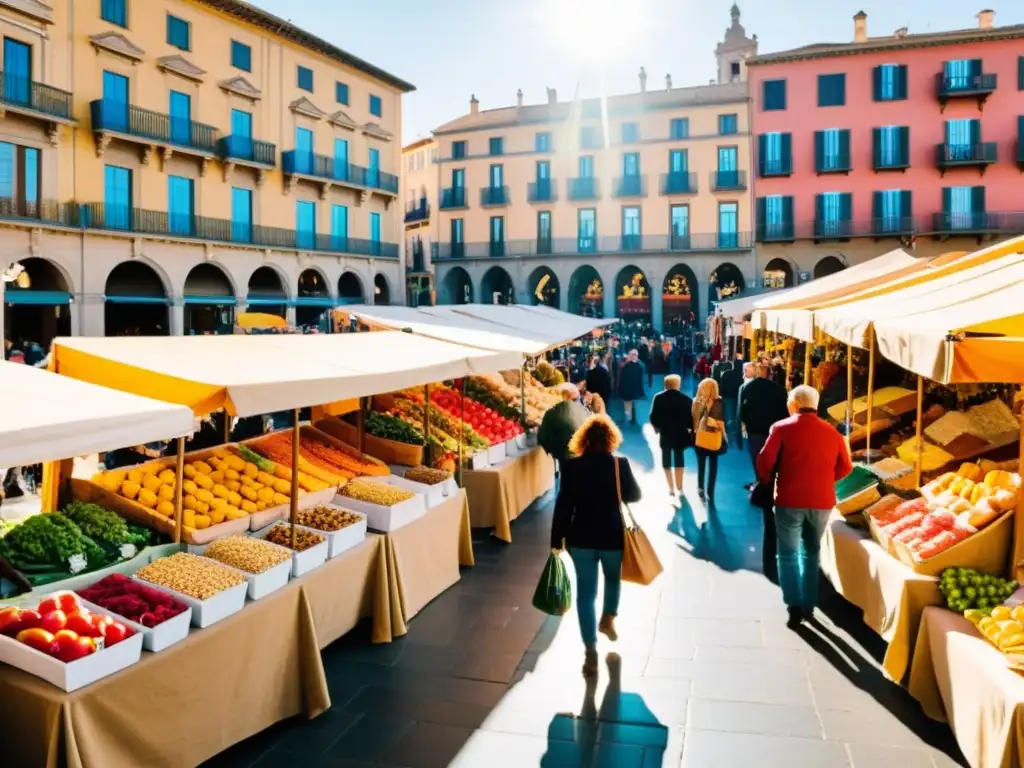 Mercado animado en España: colores, sabores y comunidad Un mercado bullicioso en España, lleno de puestos coloridos ofreciendo una variedad de productos