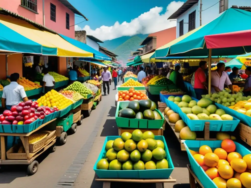 Mercado callejero vibrante en Colombia: diversidad y energía Mercado callejero vibrante en Colombia con puestos de frutas coloridas, compradores ocupados y la bandera colombiana ondeando al fondo