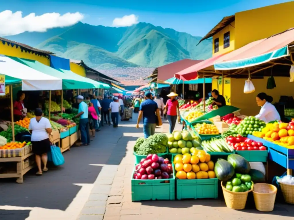 Mercado colombiano vibrante: frutas y vegetales coloridos, ambiente animado Mercado colombiano bullicioso con frutas y verduras coloridas