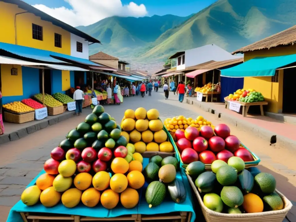Mercado colombiano vibrante: impacto de IVA en la economía local Mercado colombiano bullicioso con frutas coloridas, textiles artesanales y artesanías tradicionales