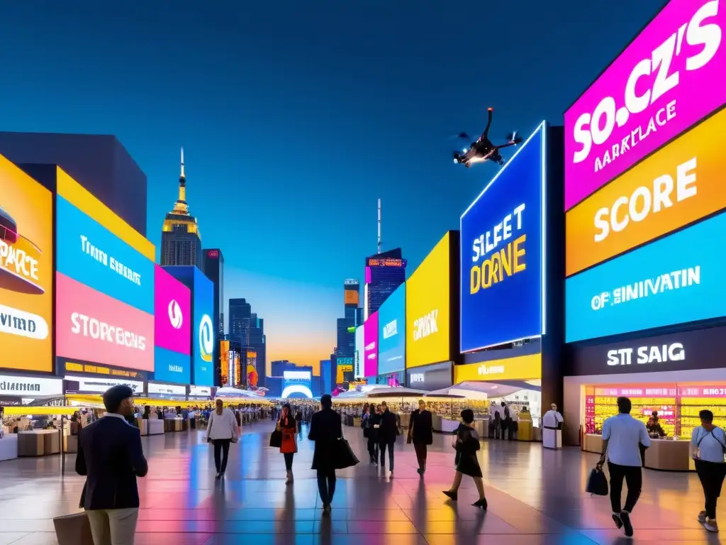 Mercado digital futurista con variedad de productos y servicios innovadores Mercado digital postBrexit con tiendas modernas y atmósfera futurista