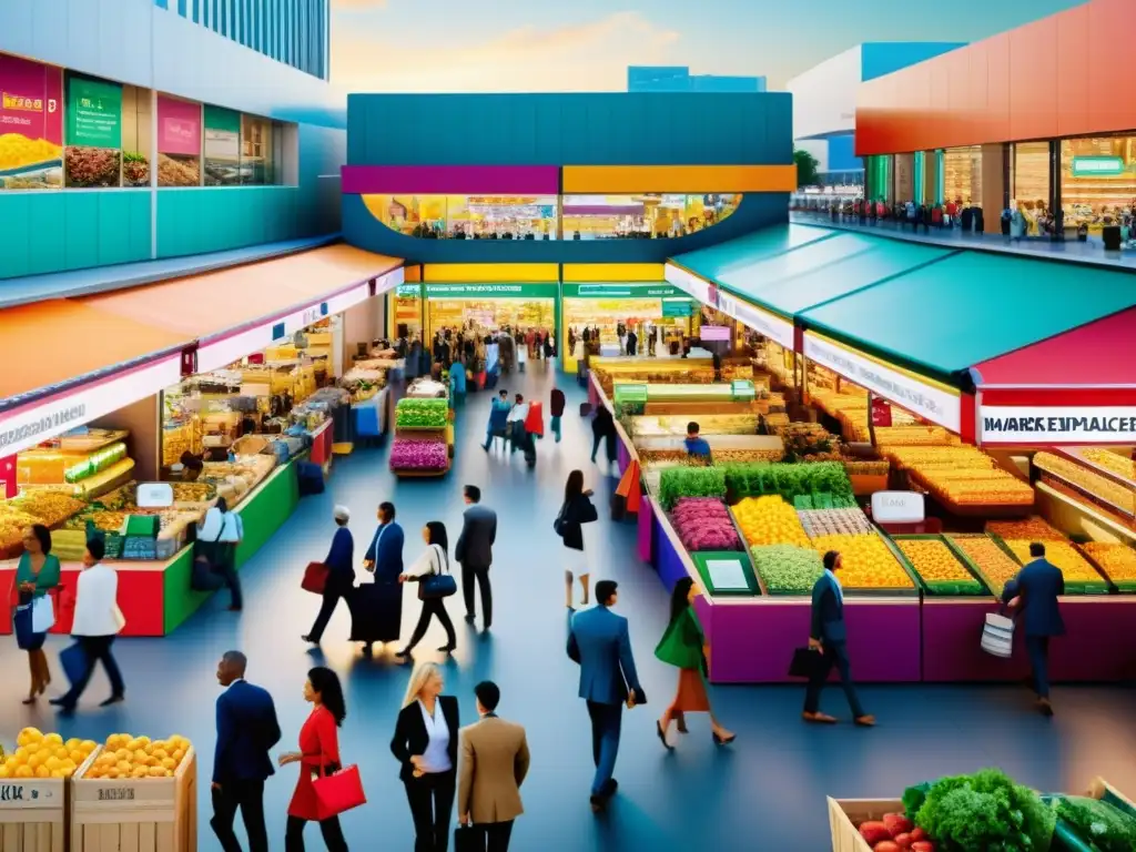 Mercado moderno: actividad vibrante y diversidad Un mercado moderno y bullicioso con vendedores y compradores
