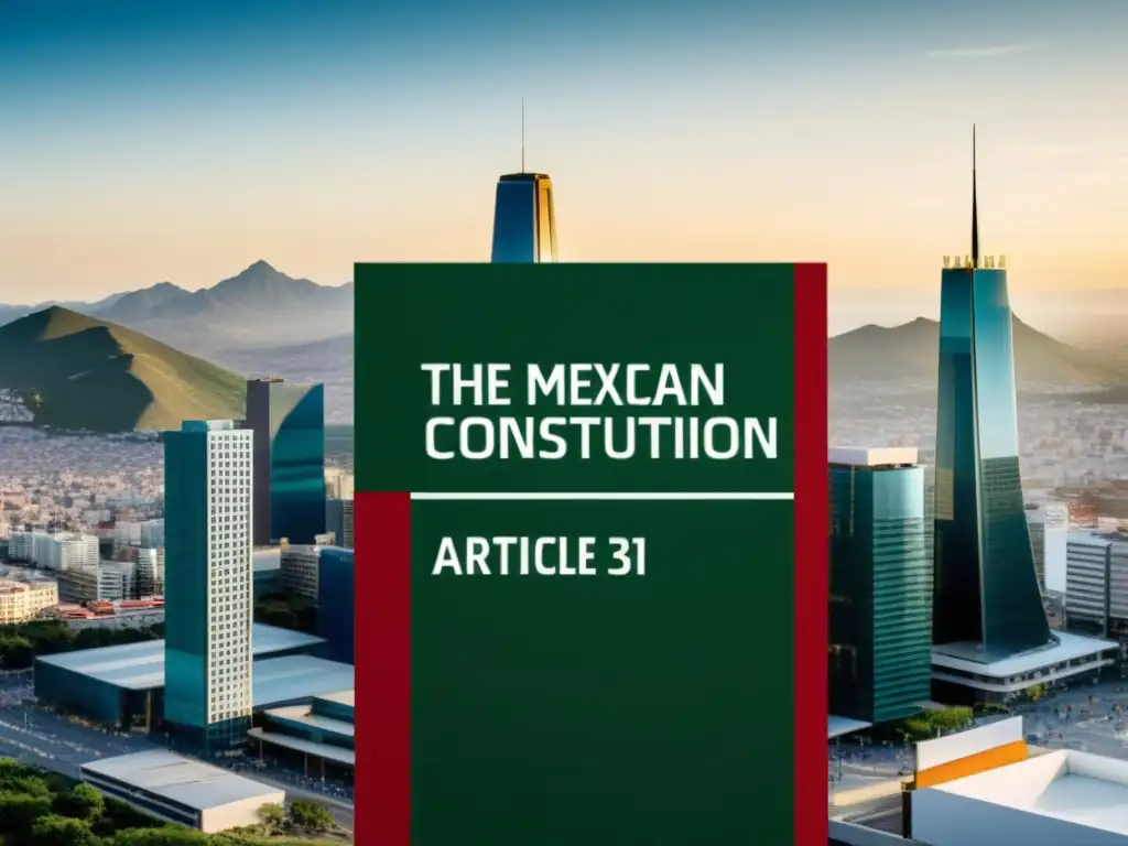 Constitución Mexicana: Obligaciones fiscales y modernidad La Constitución Mexicana destaca el Principio de legalidad en impuestos, rodeada de rascacielos modernos y colores profesionales