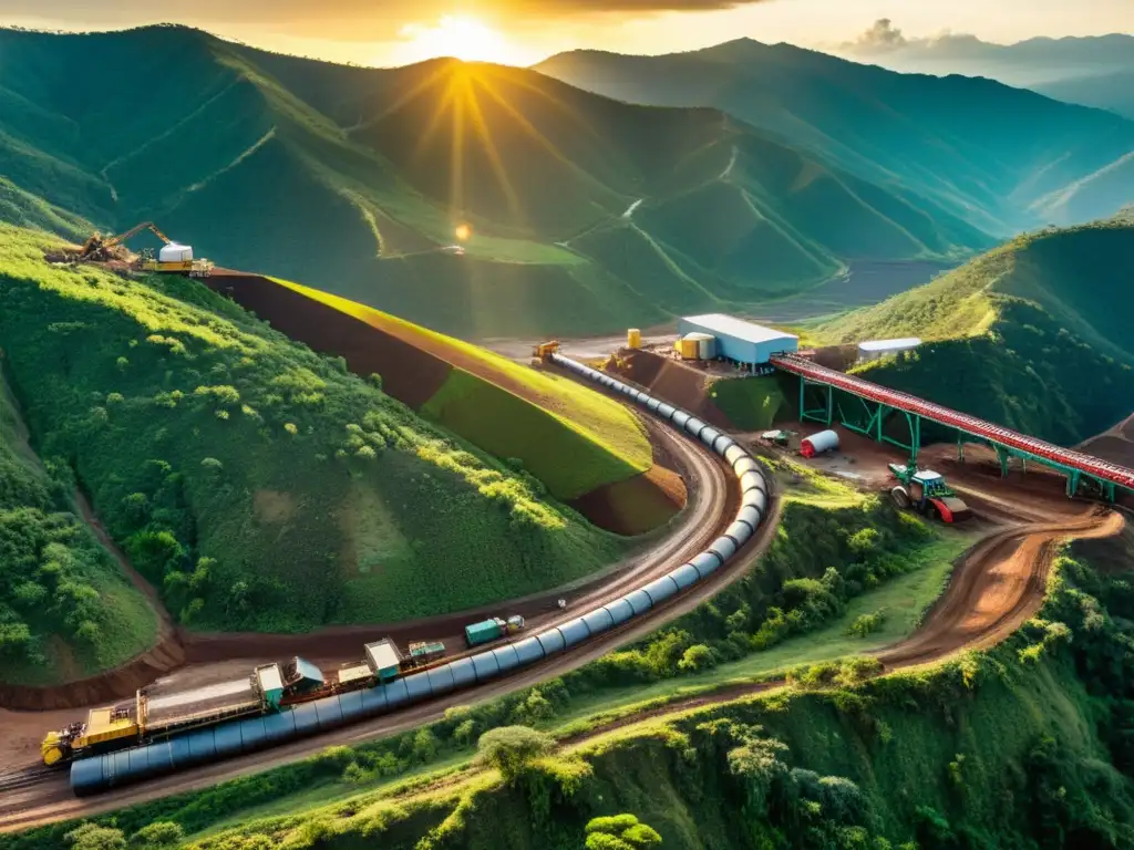 Operación minera moderna al atardecer en Colombia Operación minera moderna al atardecer en Colombia, mostrando maquinaria industrial y trabajadores