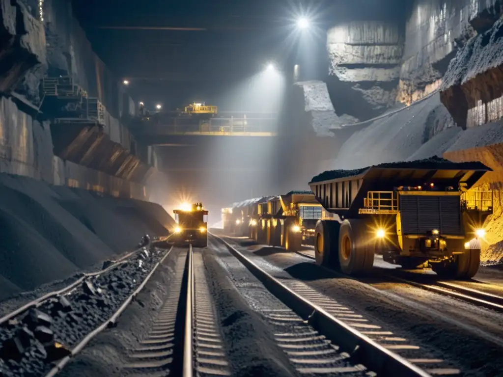 Minería de carbón: trabajo duro y ambiente industrial Mineros trabajando en una oscura mina de carbón, iluminados por lámparas en sus cascos