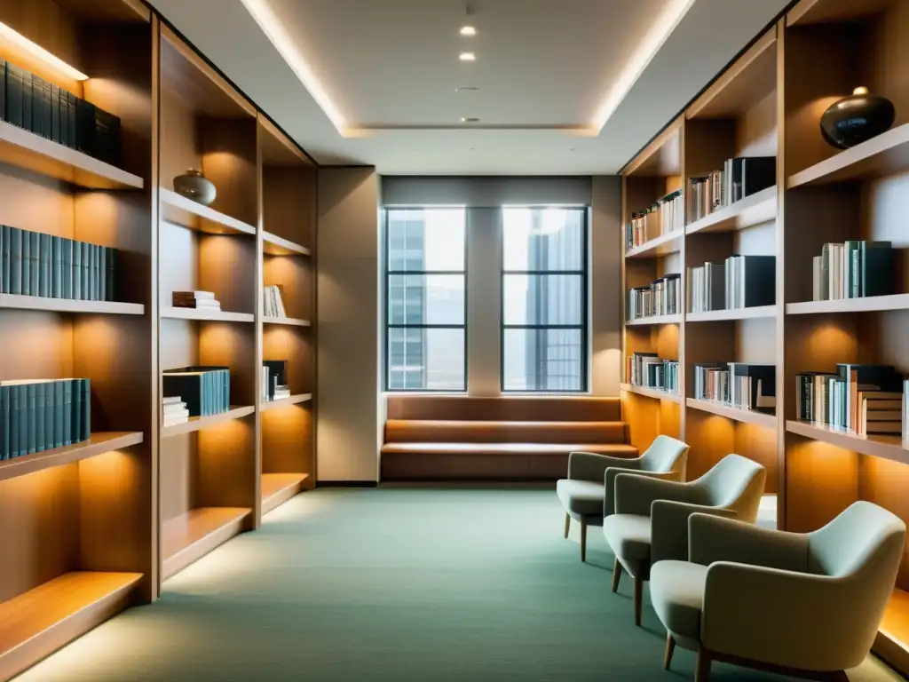 Biblioteca legal moderna con diseño minimalista y libros de derecho fiscal Moderna biblioteca de derecho fiscal con estanterías llenas de publicaciones indispensables
