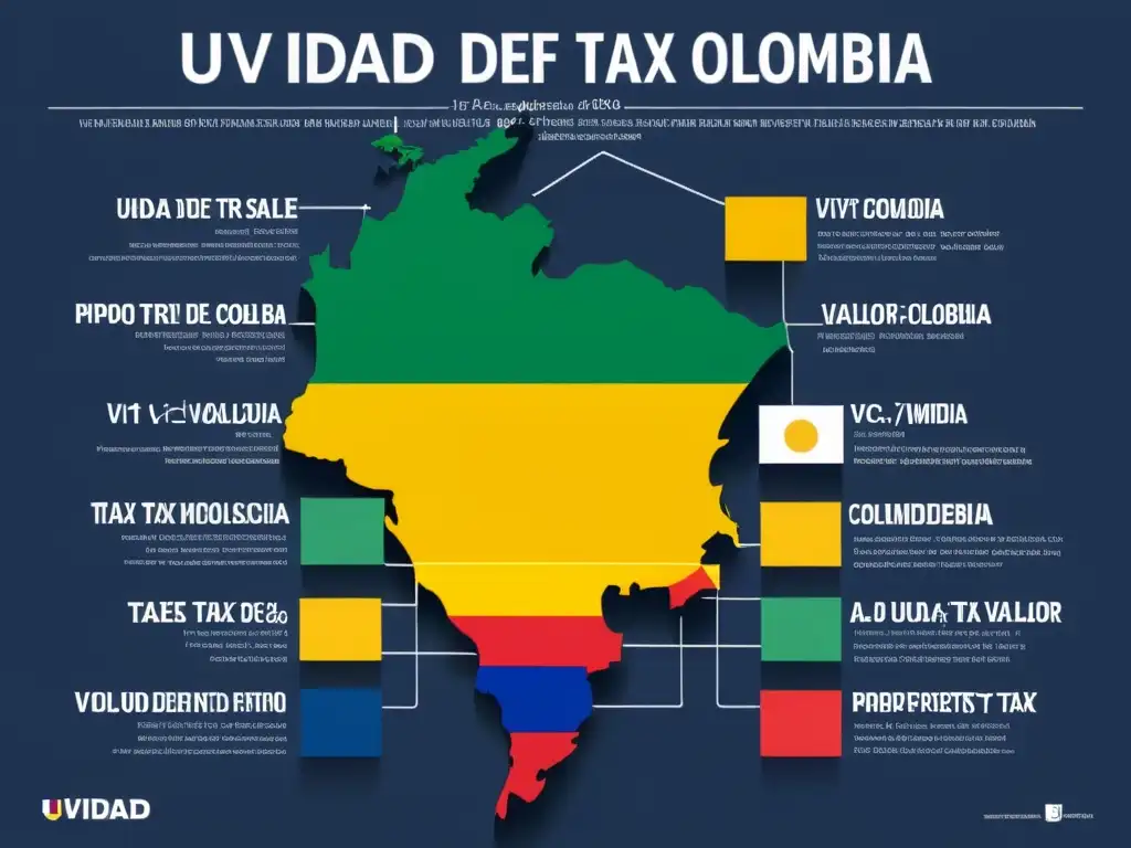 Impacto del UVT en Impuestos en Colombia: Infografía Moderna Infografía moderna y detallada sobre el rol UVT en tributación colombiana, con gráficos claros y colores representativos