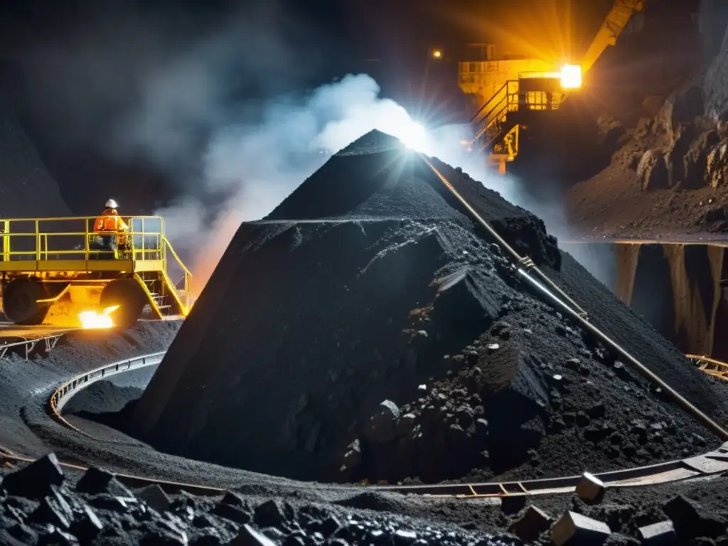 Extracción moderna: Detalles del carbón en la mina Extracción moderna de carbón en mina oscura con tecnología avanzada y obreros
