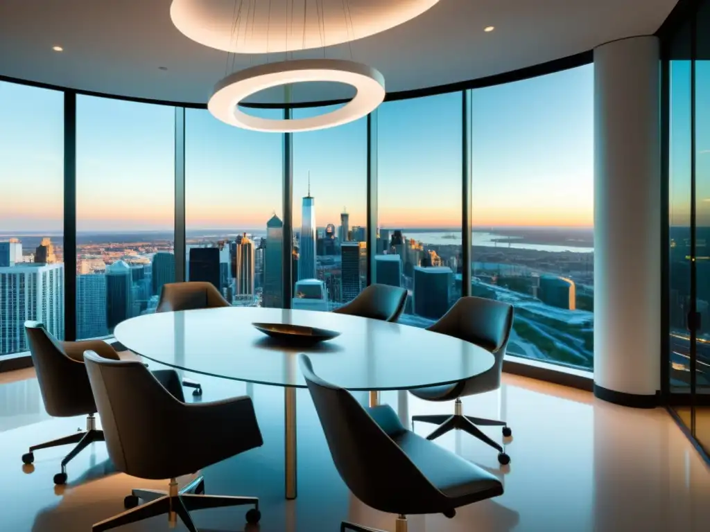 Oficina moderna con mesa de vidrio y vista a la ciudad Moderna oficina con mesa de conferencia de vidrio rodeada de sillas ergonómicas