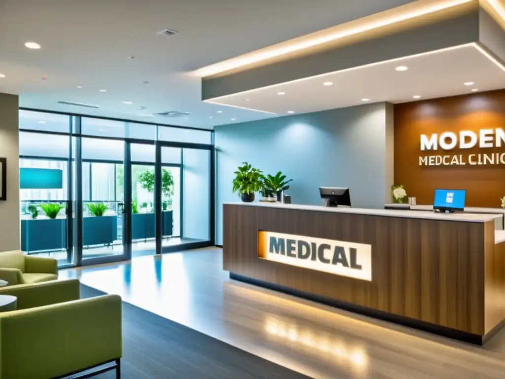 Clínica médica moderna: profesionalismo y calidez Recepción moderna de clínica médica con personal atendiendo pacientes en un ambiente cálido y eficiente
