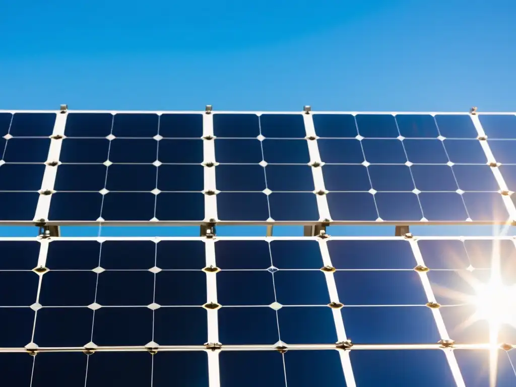 Planta solar moderna: energía limpia y futurista Una moderna planta de energía solar con paneles brillantes en filas, enmarcada por cielos azules