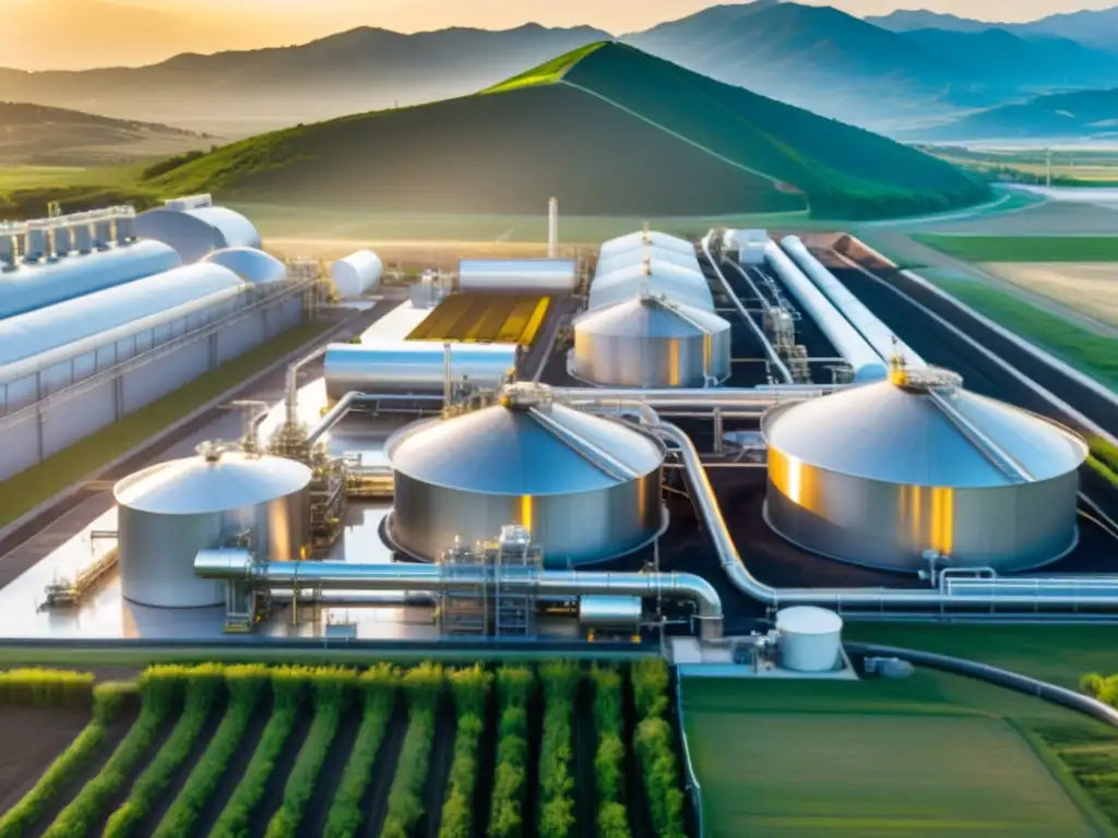 Biorefinería moderna en México: tecnología y naturaleza Una moderna planta de biorefinería en México, con trabajadores y tanques relucientes