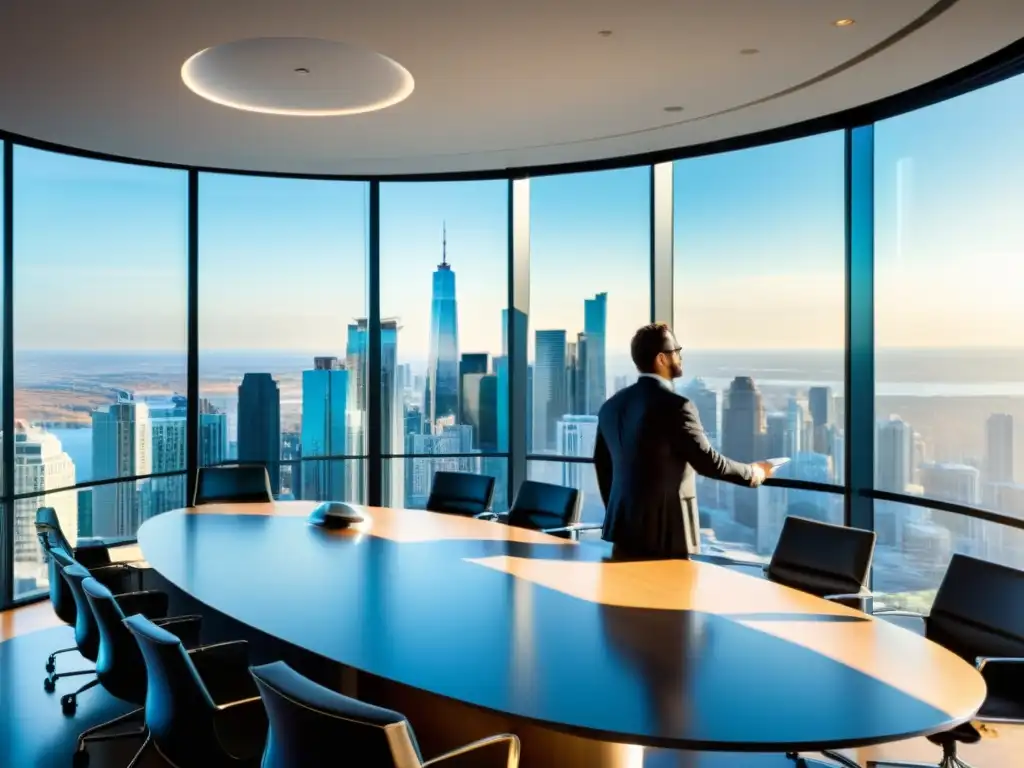 Sala de juntas moderna con estrategia financiera Moderna sala de juntas con vista a la ciudad, bañada en luz natural, donde profesionales discuten sobre Fiscalidad de inversiones para patrimonios