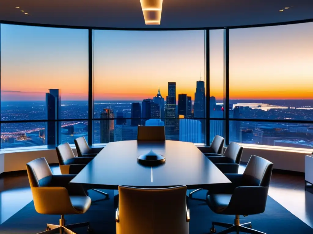 Salón de juntas moderno con vista panorámica al atardecer Moderna sala de juntas con vista panorámica al anochecer, ideal para planificación fiscal de patrimonios exorbitantes