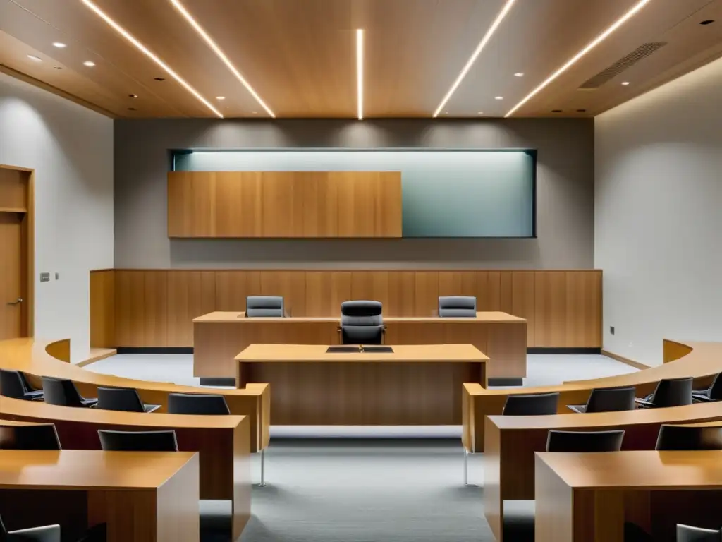 Sala de tribunal moderna con diseño minimalista y luminosidad natural Moderna sala de tribunal con diseño minimalista, inundada de luz natural
