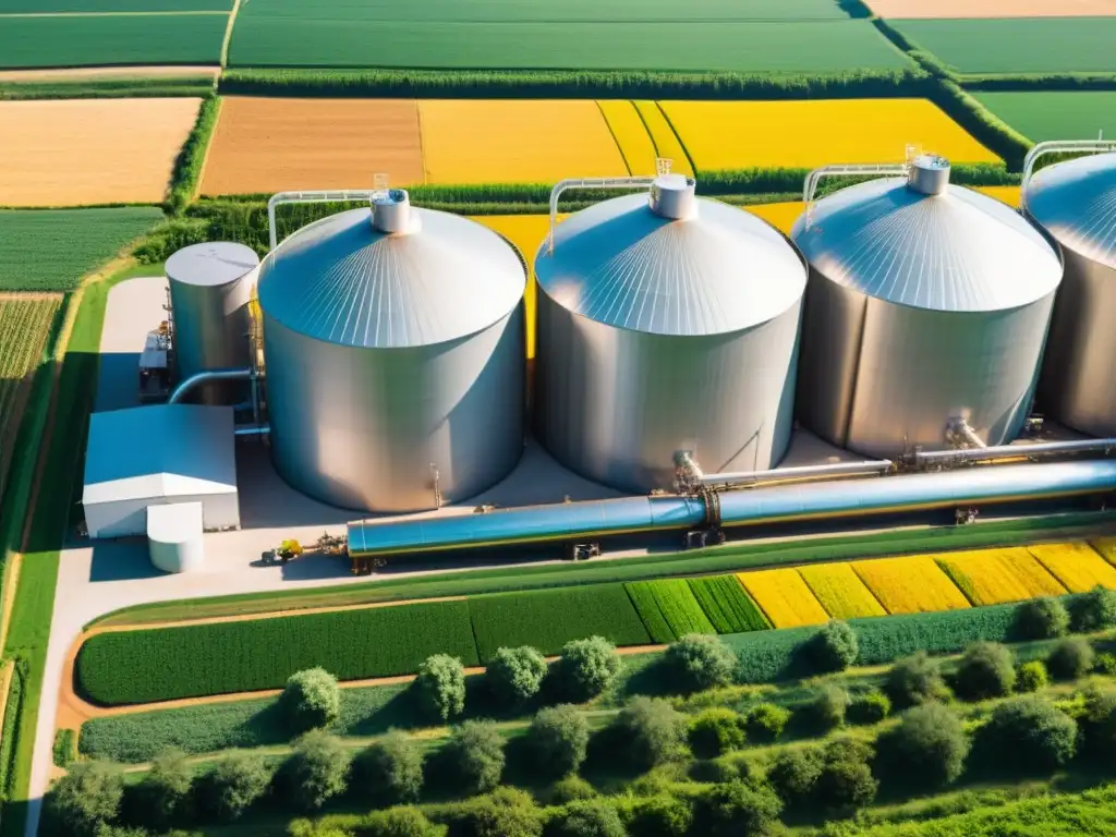 Planta de biocombustibles moderna en México: innovación sostenible Modernas instalaciones de producción de biocombustibles en México, rodeadas de campos verdes, destacando el tratamiento fiscal biocombustibles México