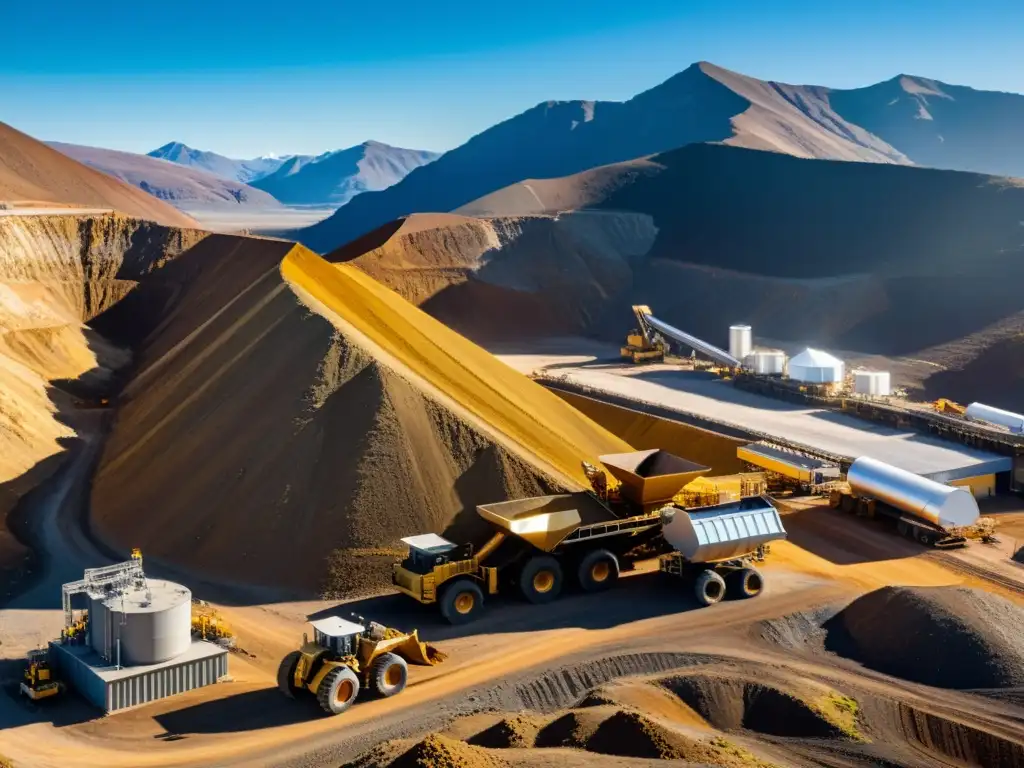 Minería moderna de oro y plata: imponente operación en 8k Modernas instalaciones mineras en operación, con maquinaria reluciente y montañas de fondo