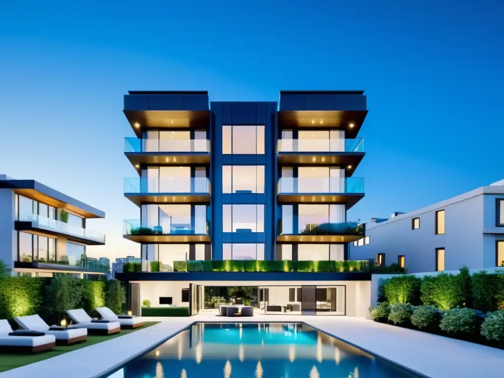 Inversión inmobiliaria de lujo en la ciudad Un moderno edificio de apartamentos de lujo con elegantes ventanas de vidrio, una terraza en la azotea y un patio bellamente ajardinado