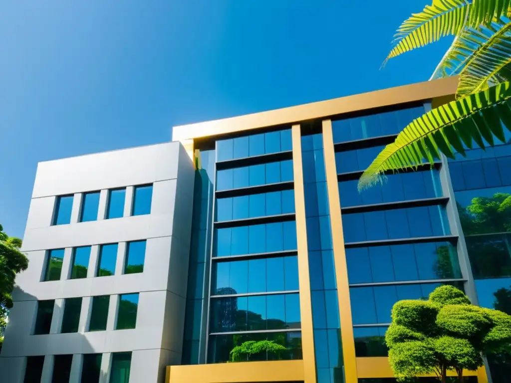 Edificio corporativo moderno rodeado de naturaleza exuberante Moderno edificio corporativo rodeado de exuberante vegetación y una hermosa fuente, reflejando el crecimiento y expansión internacional en México