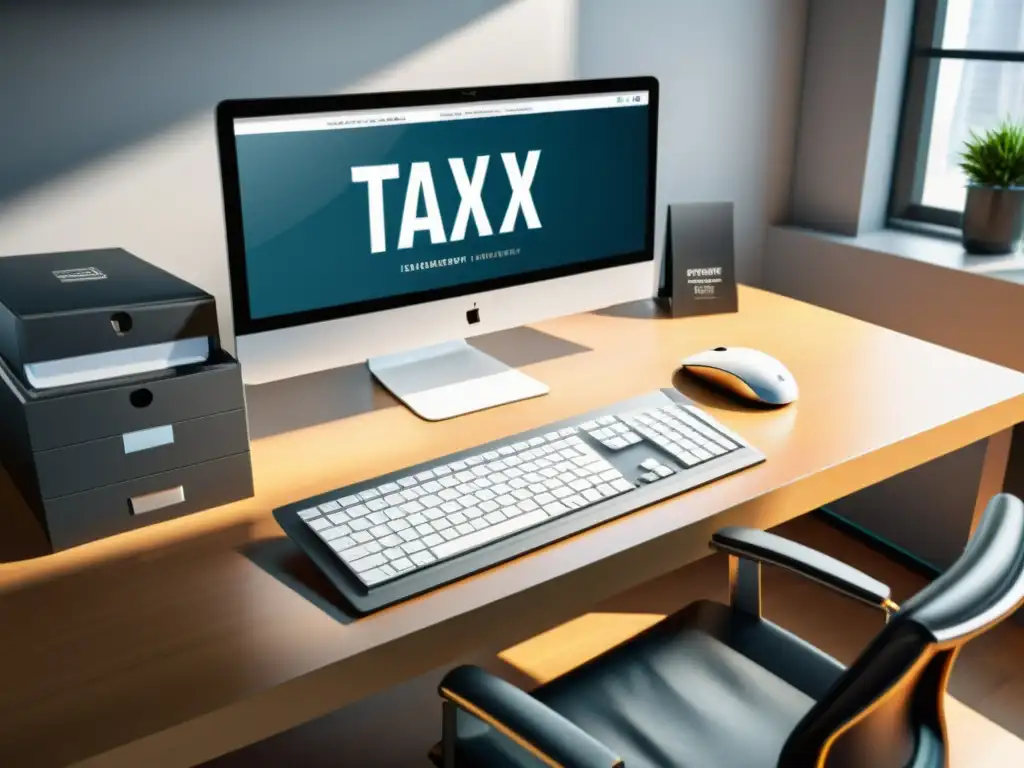 Escritorio moderno con software de gestión fiscal personalizado en pantalla Un moderno escritorio de oficina con un software de gestión tributaria personalizado en la pantalla del ordenador