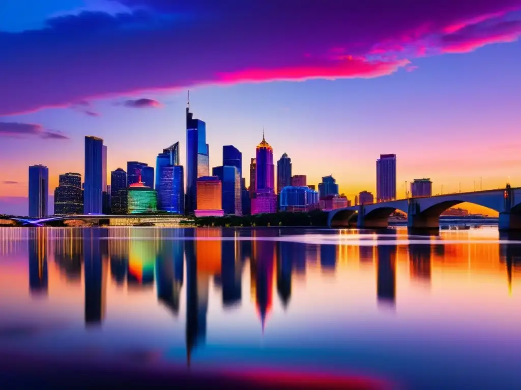 Horizonte urbano moderno iluminado al atardecer Un moderno horizonte de ciudad al anochecer, con rascacielos iluminados y reflejos en el río