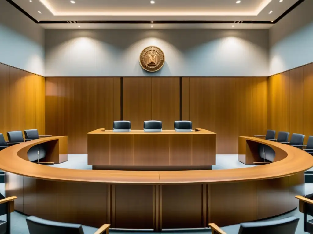 Sala de tribunal moderna: Elegancia y profesionalismo Un moderno y luminoso tribunal con mobiliario de madera y diseño minimalista