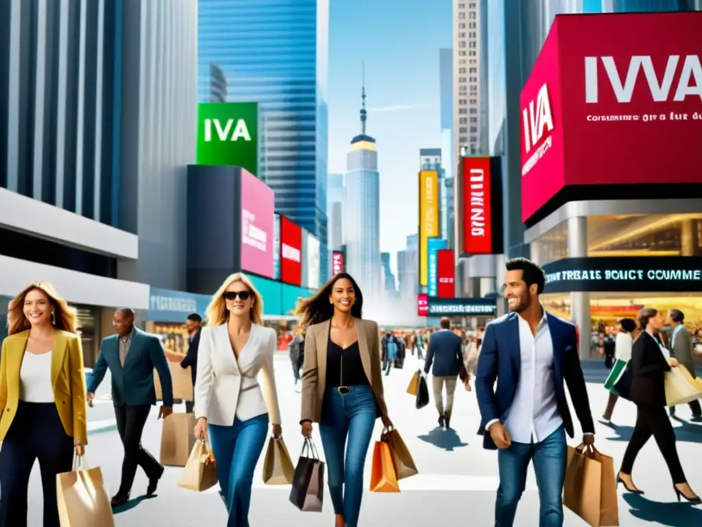 Impacto del IVA en la ciudad: consumidores y negocios Modificaciones recientes del IVA afectan consumidores y empresas en la bulliciosa calle de la ciudad, con modernos rascacielos de fondo y tiendas mostrando etiquetas de precios