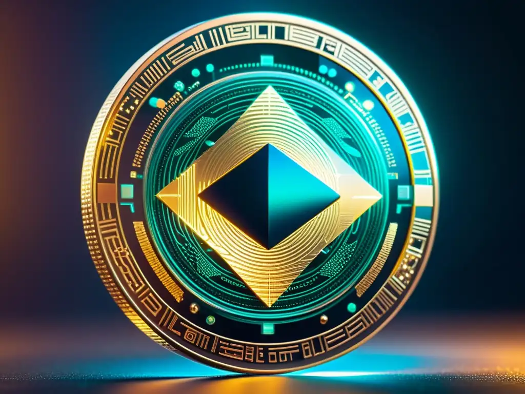 Moneda criptográfica futurista transparente con patrones de circuitos Moneda transparente de criptomoneda con patrones de circuitos, brillo suave y elementos holográficos