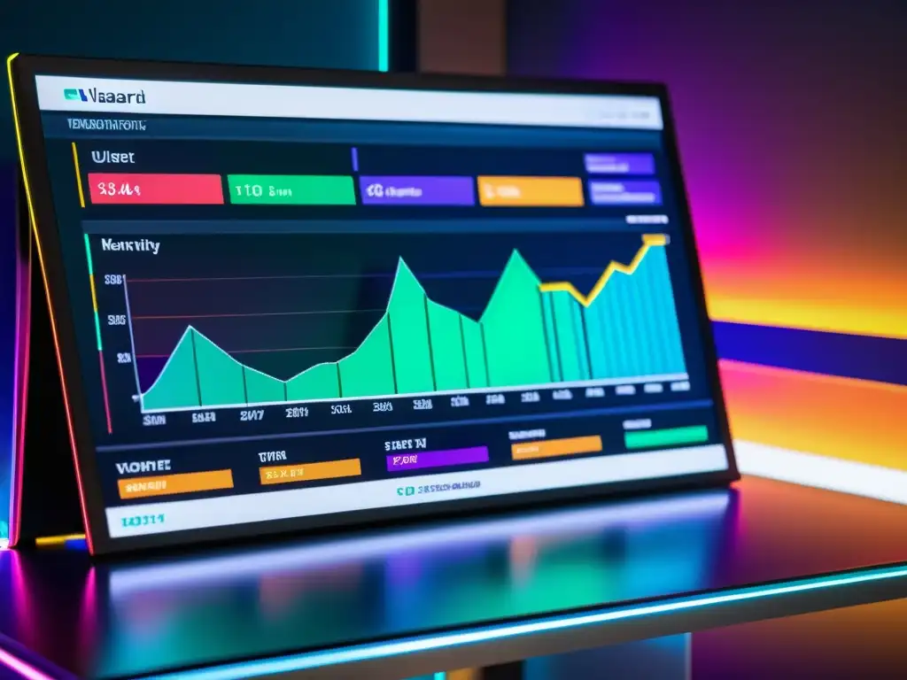 Monitor moderno con visualización de datos sofisticada Un monitor moderno muestra un sofisticado panel de visualización de datos, reflejando tecnología avanzada