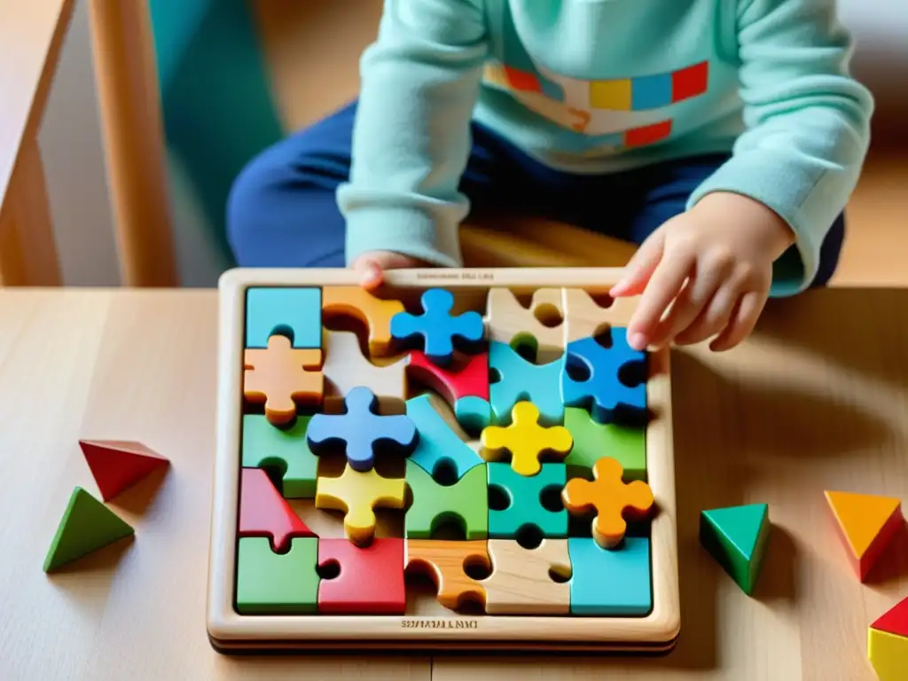 Puzzle de madera educativo con diseño moderno y colorido Un niño juega con un rompecabezas de madera sostenible con formas geométricas, destacando su valor educativo