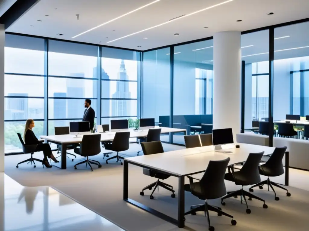 Oficina de Asesoría Fiscal Moderna: Eficiencia y Tecnología Oficina de asesoría fiscal moderna con tecnología de vanguardia y empleados colaborando, reflejando la transformación digital en gestión tributaria