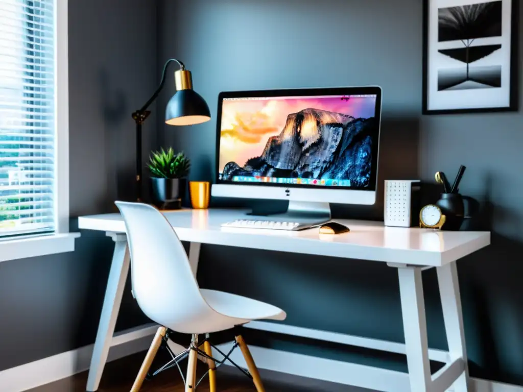 Oficina en casa moderna: escritorio blanco, silla ergonómica y luz natural Oficina en casa moderna con escritorio blanco, silla ergonómica, monitores duales y lámpara elegante