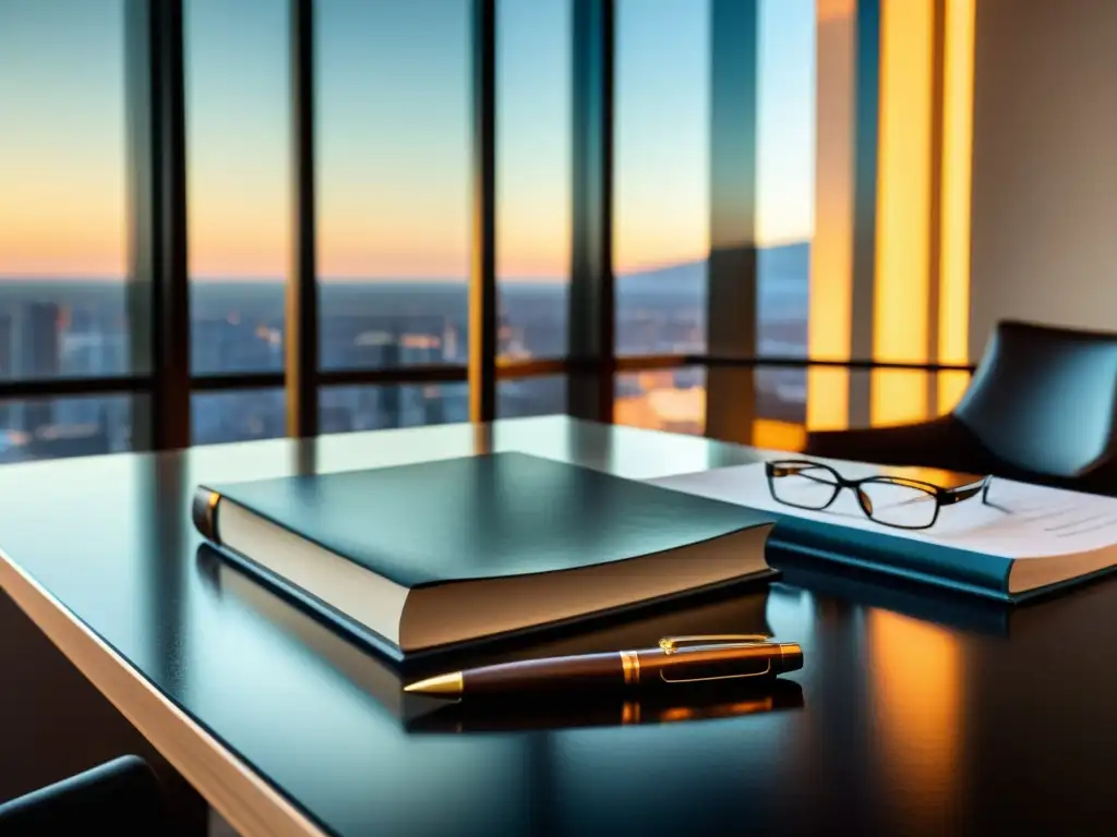 Escena de oficina elegante con libro de leyes fiscales españolas Oficina contemporánea con libros de fiscalidad de inversiones para patrimonios, informes financieros y elegantes accesorios, bañada en luz natural