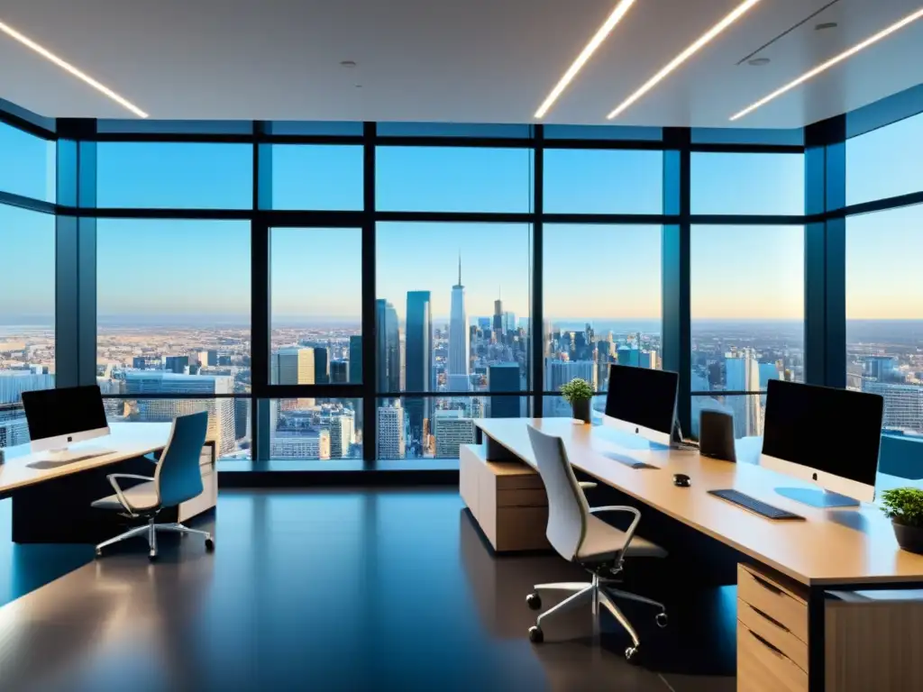 Oficina corporativa moderna y sofisticada con vista panorámica a la ciudad Oficina corporativa moderna con diseño minimalista y vistas a la ciudad