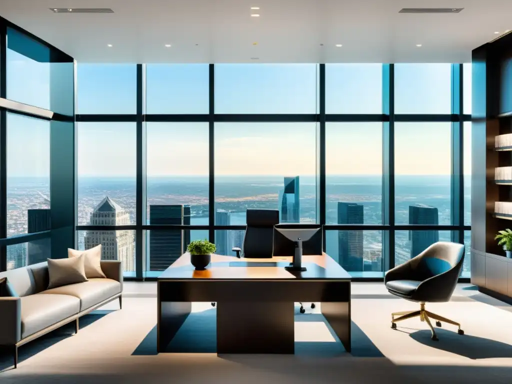 Oficina financiera de lujo con vista panorámica Oficina financiera moderna y lujosa con diseño minimalista, tecnología sofisticada y vista panorámica de la ciudad