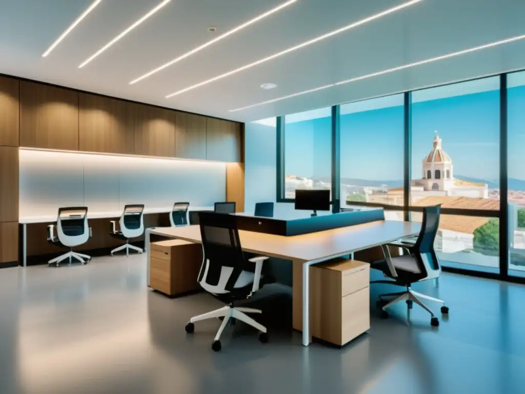 Oficina de Impuestos Moderna: Profesionalidad y Eficiencia Fiscal Oficina fiscal moderna en España con profesionales y clientes, iluminada y eficiente