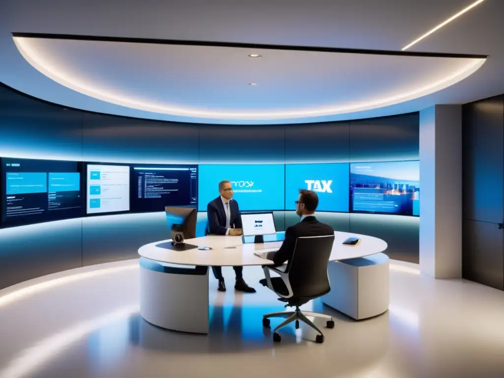 Oficina Futurista: Asesor Fiscal y Cliente en Colaboración Oficina futurista con asesor tributario y cliente, rodeados de tecnología digital avanzada