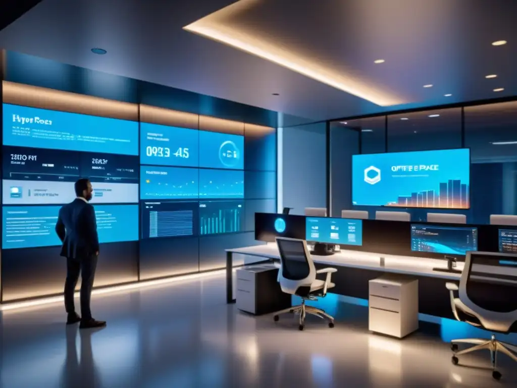 Oficina Futurista de Alta Tecnología: Colaboración Profesional Oficina futurista con transformación digital en gestión tributaria, profesionales colaborando y analizando datos en pantallas digitales