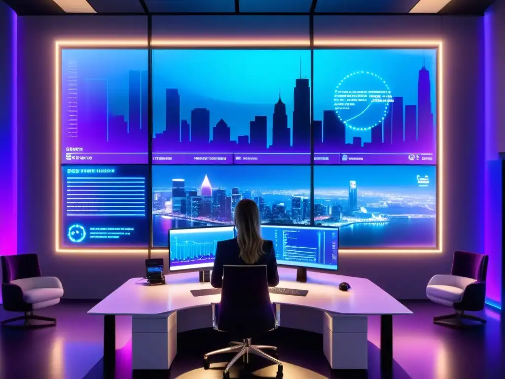 Oficina futurista con inteligencia artificial y proyección holográfica Oficina futurista con holograma de gráfico financiero y asesor fiscal utilizando inteligencia artificial en planificación fiscal