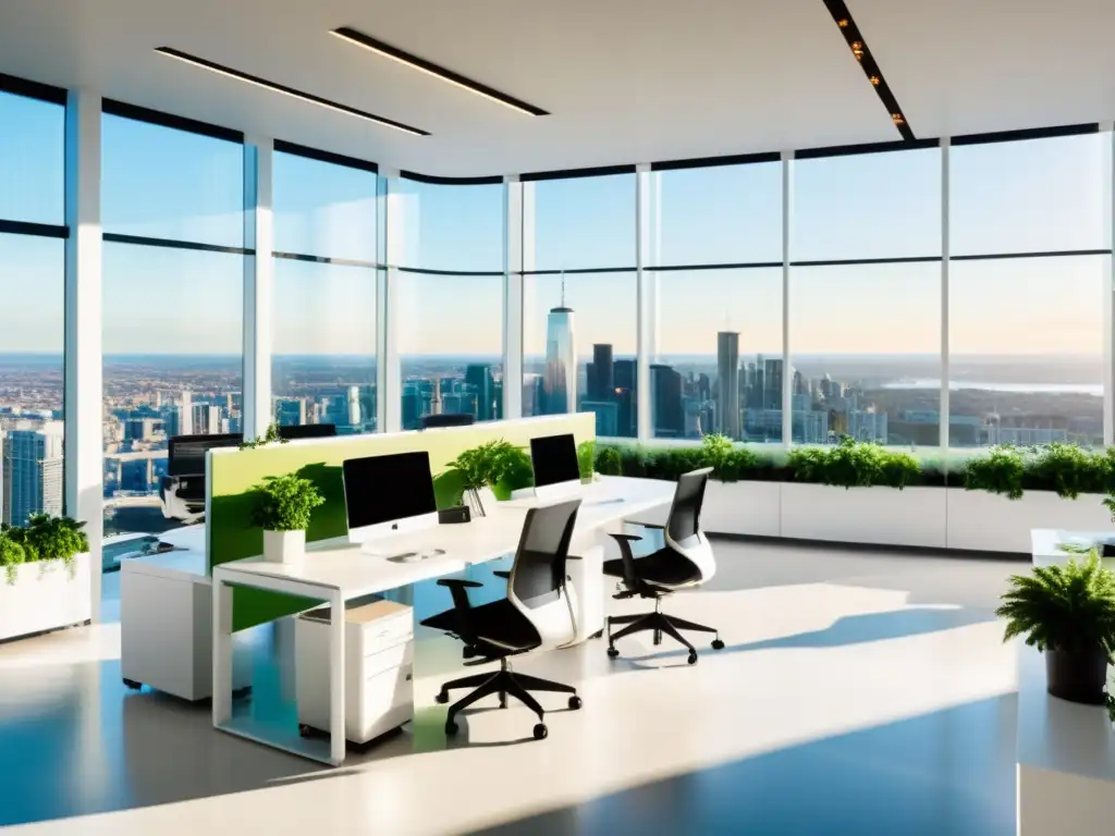 Oficina futurista con vista a la ciudad y diseño elegante Oficina futurista con luz natural, escritorios minimalistas y sillas ergonómicas