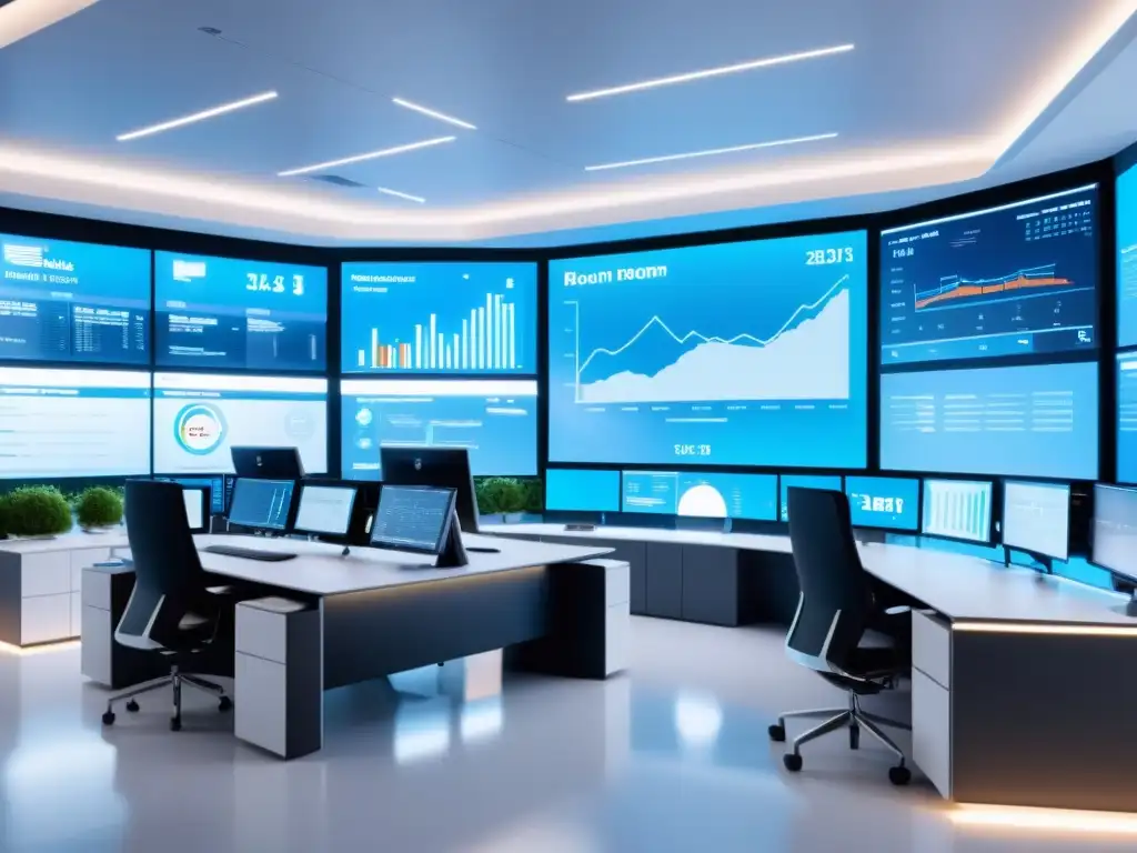 Oficina futurista con tecnología avanzada y profesionales innovadores Oficina futurista con profesionales, boletines electrónicos consultoría tributaria y tecnología de vanguardia en 8k