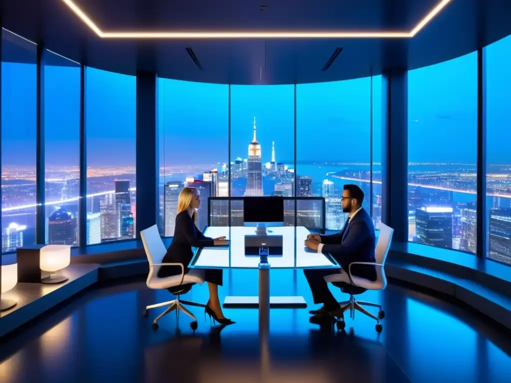 Oficina futurista y dinámica: impacto del reforma fiscal en asesoramiento Oficina futurista con vista nocturna de la ciudad, iluminada en azul