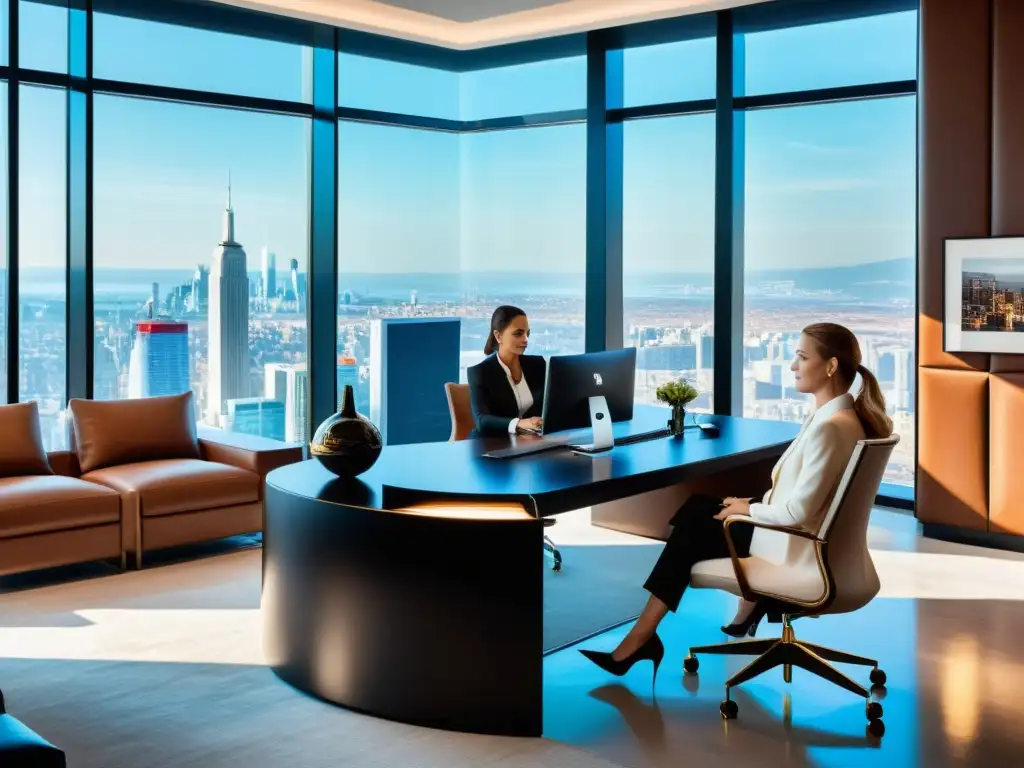 Oficina moderna de lujo con asesoramiento financiero Oficina lujosa con vista a la ciudad, enfocada en planificación patrimonial ante reformas fiscales