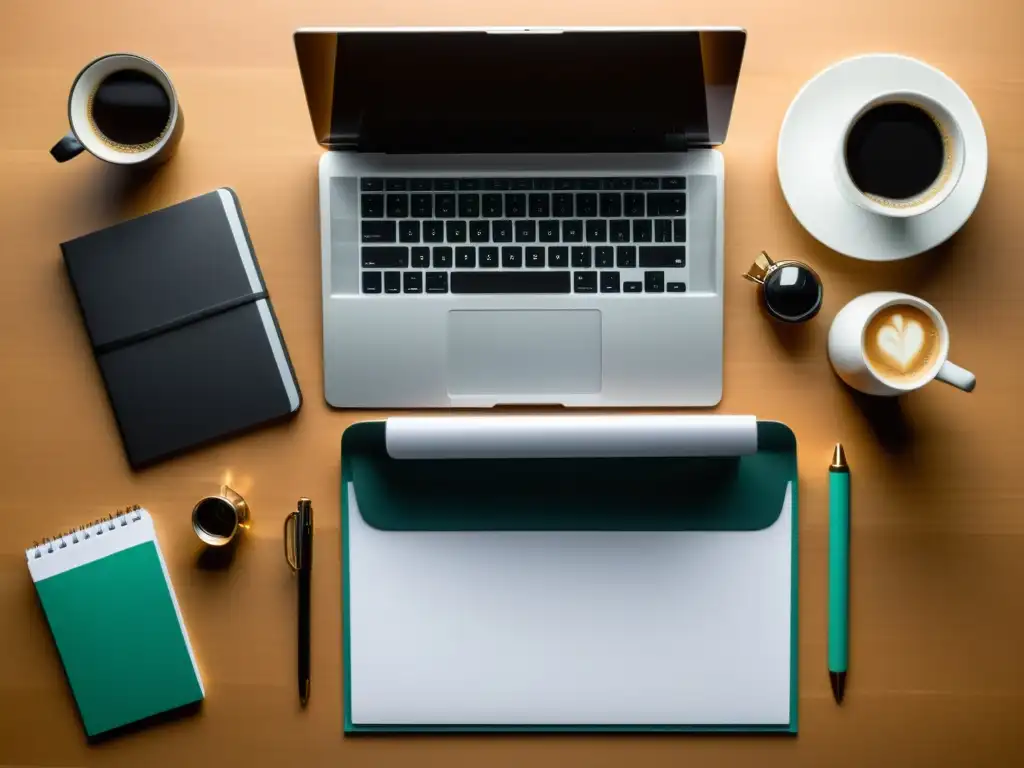 Escritorio moderno y organizado para gestión de impuestos Oficina minimalista con software gestión tributaria PYMES, laptop, libreta, lámpara y café, transmite profesionalismo y eficiencia