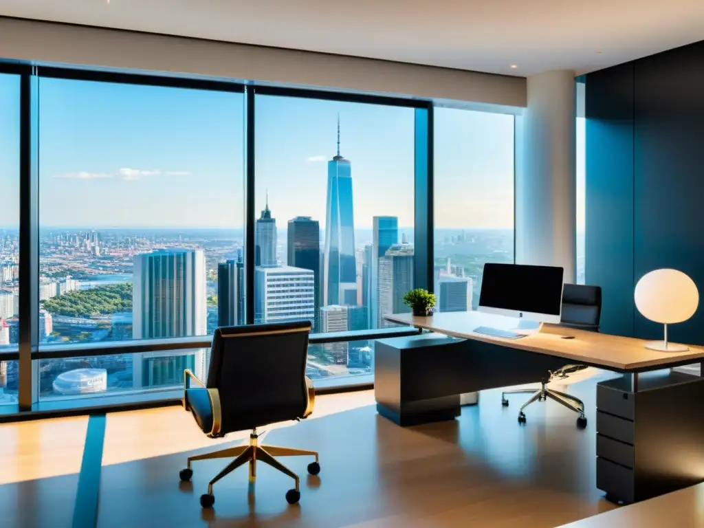 Oficina moderna con impresionante vista panorámica Oficina moderna con ambiente luminoso y profesional para maximizar estrategias de planificación fiscal