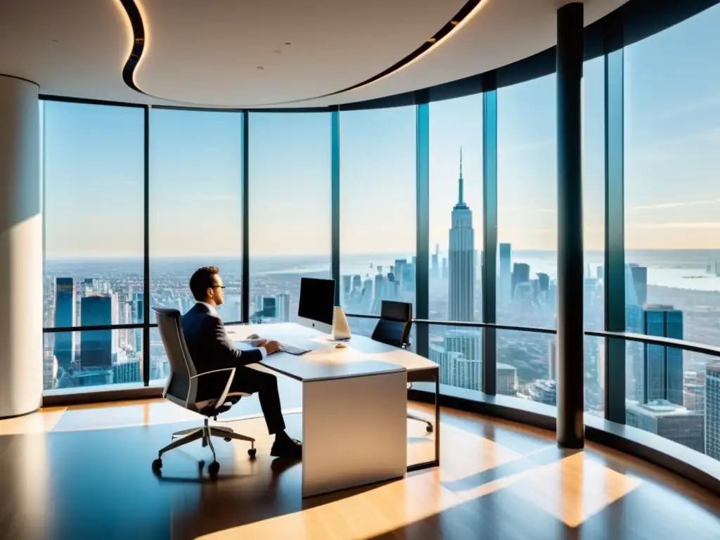 Oficina moderna con vista panorámica y asesor financiero Oficina moderna con asesor fiscal y cliente discutiendo, evitando errores comunes en planificación fiscal